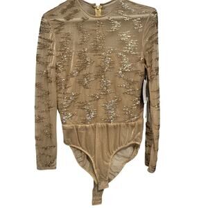 Lay Unger  sheer gold beaded body suit size 6 NWT, wedding guest quiet luxury